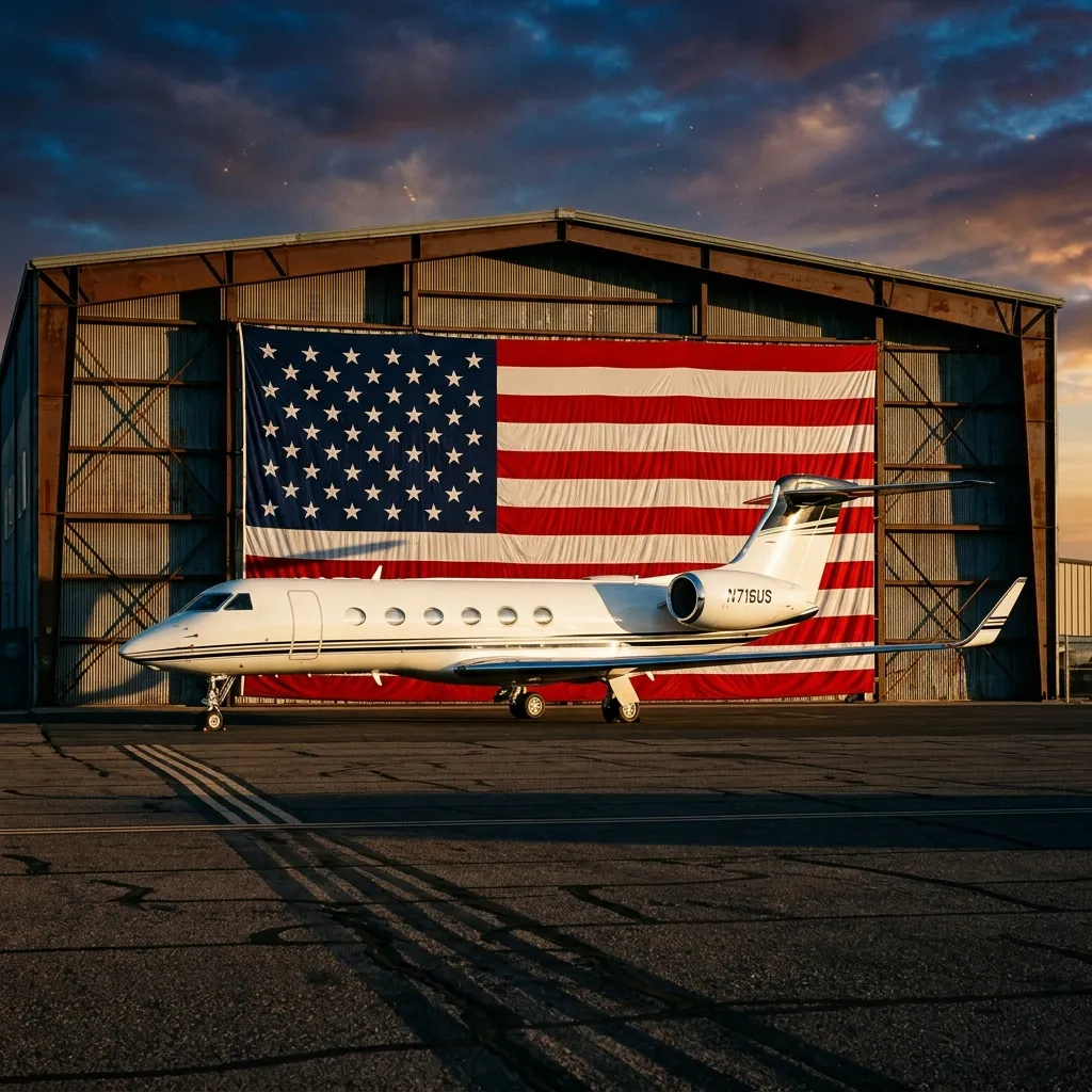 Private jet in front of American flag in hangar