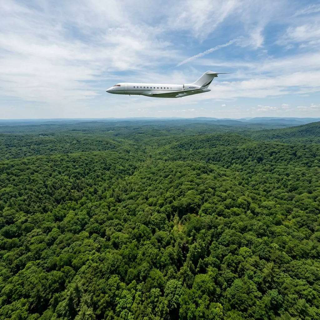 Private jet flying over dense forest canopy