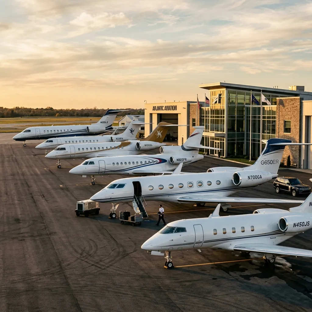 Multiple private jets lined up on luxury FBO ramp