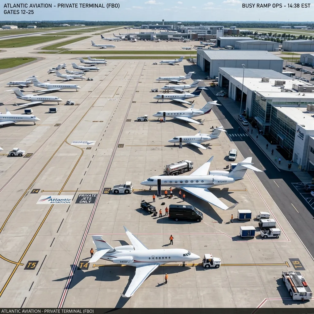 Busy private jet terminal aerial view