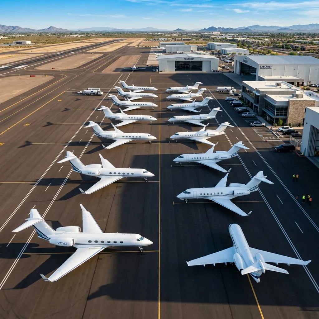 Fleet of private jets on ramp