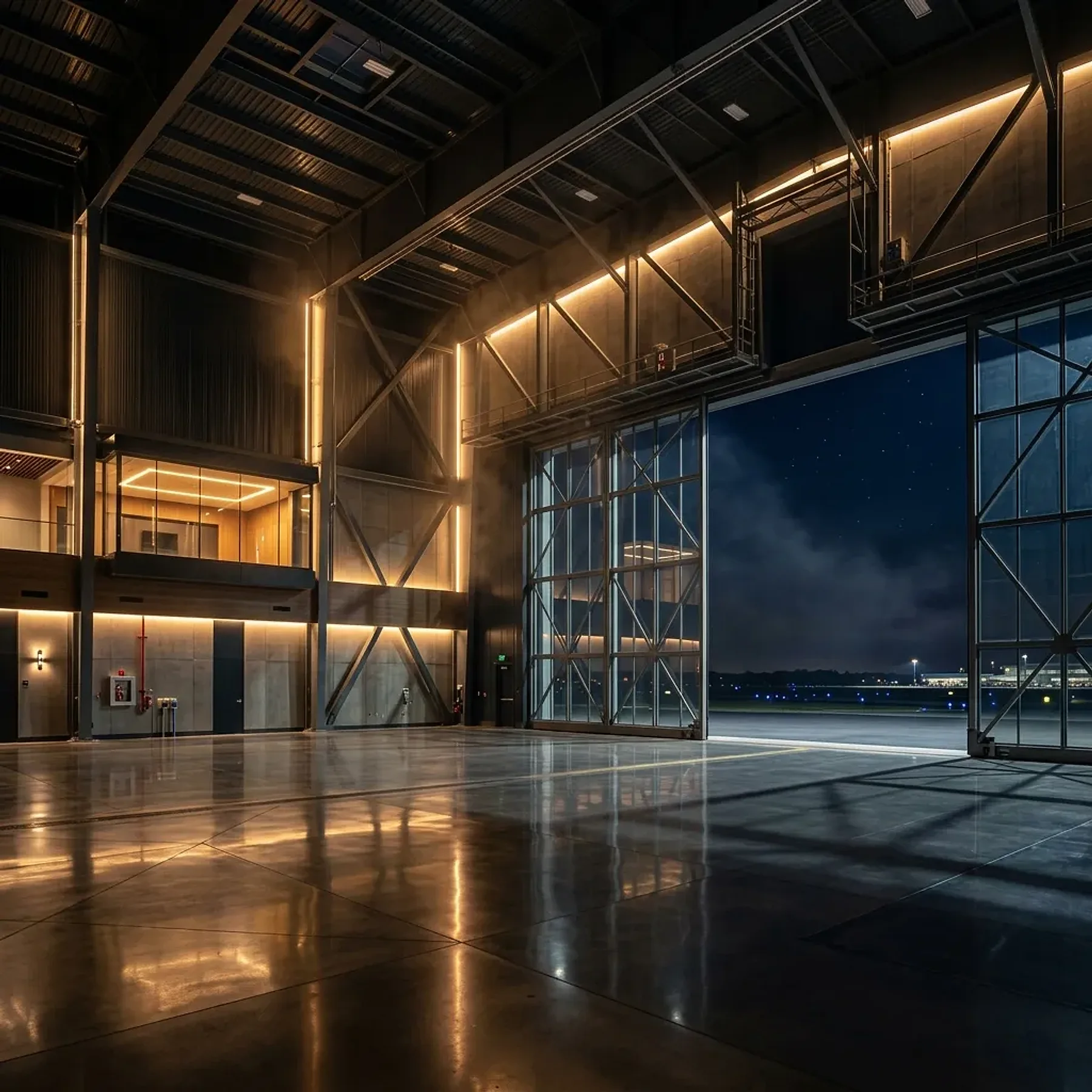 Empty private-aviation hangar at night with the door open to the ramp