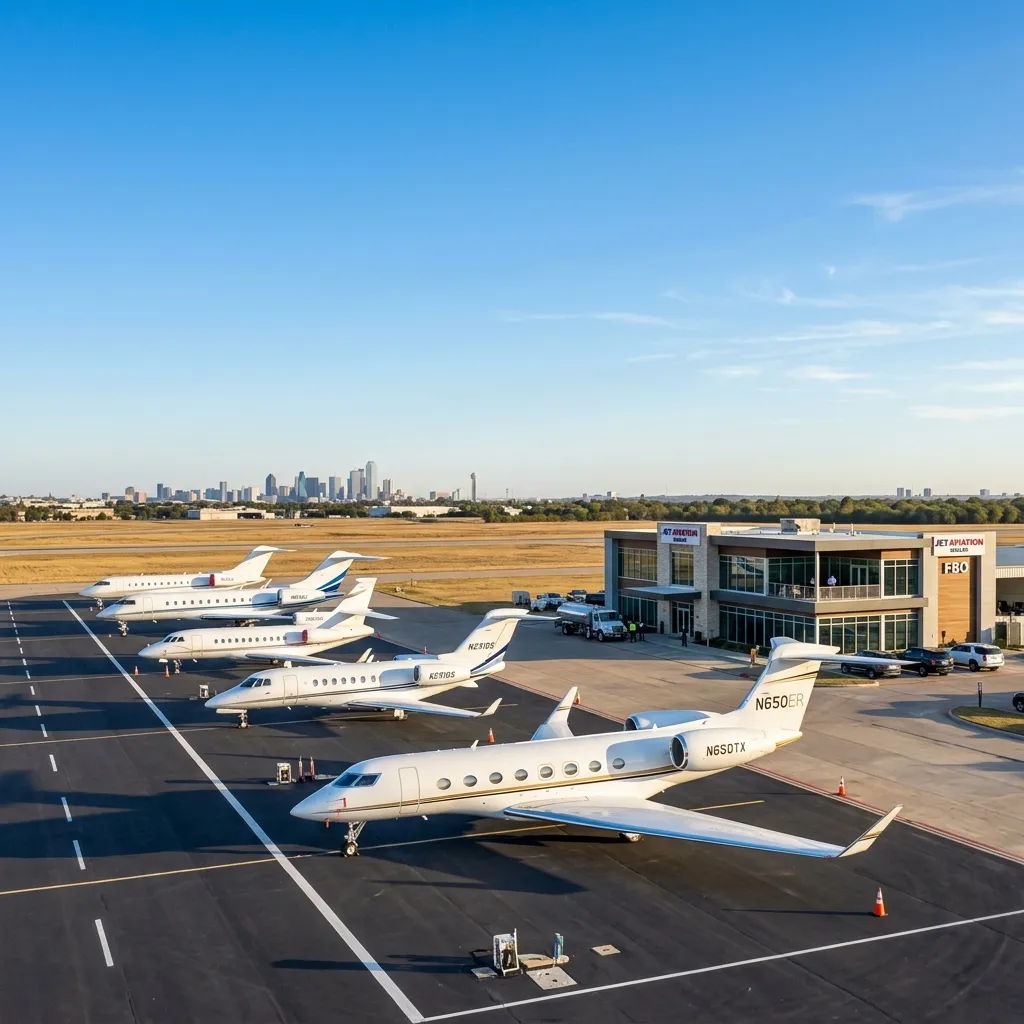Private jets lined up on the ramp at Addison Airport near Dallas