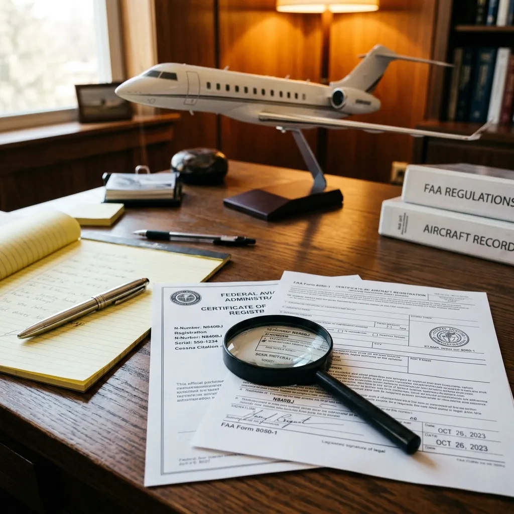 Aircraft registration documents and FAA paperwork on a desk with magnifying glass