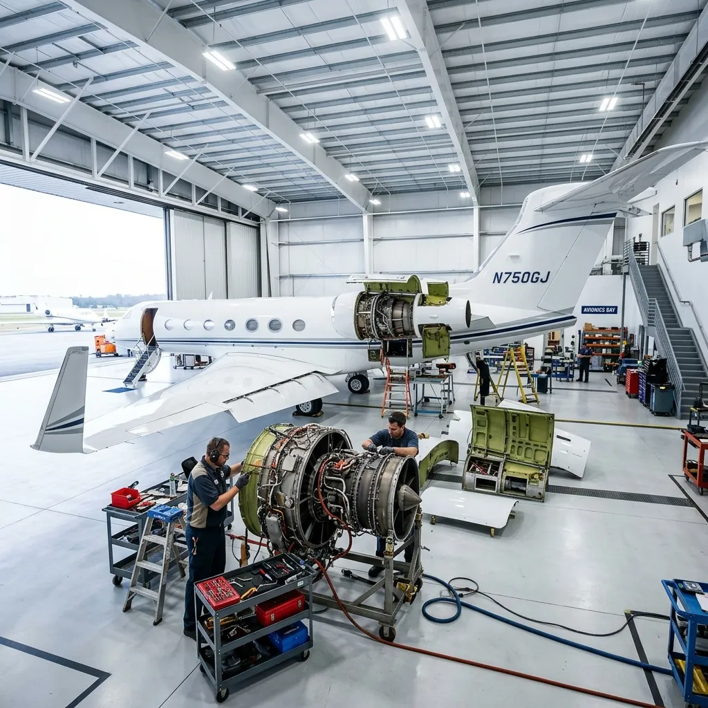 Private jet in maintenance hangar with panels removed during annual inspection