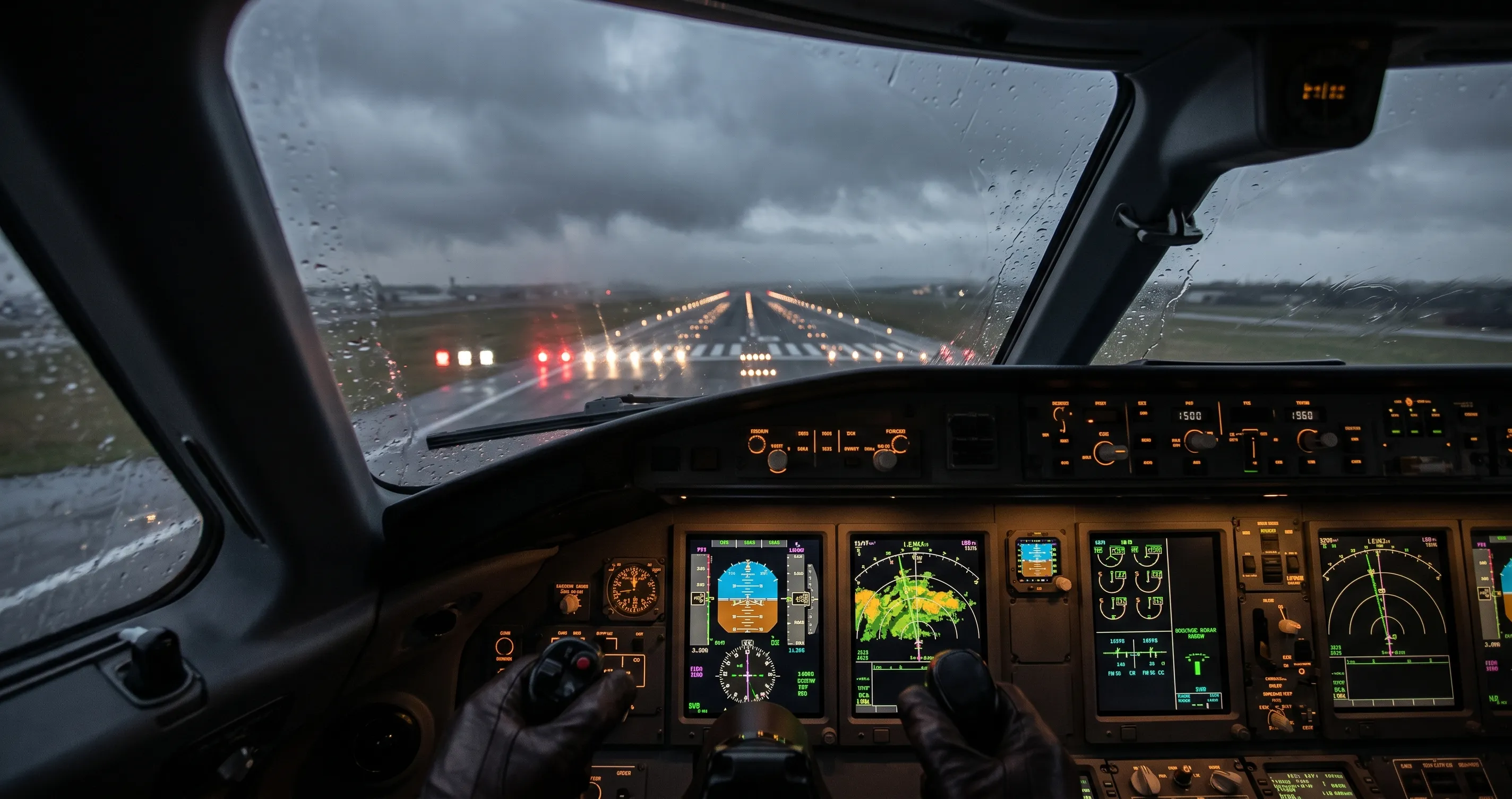 Business jet cockpit view on approach with runway visible through windscreen