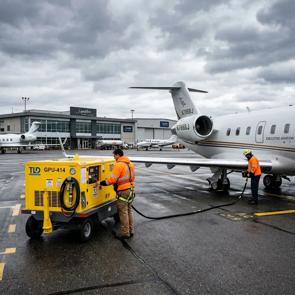 Ground power unit connected to business jet on FBO ramp with maintenance crew