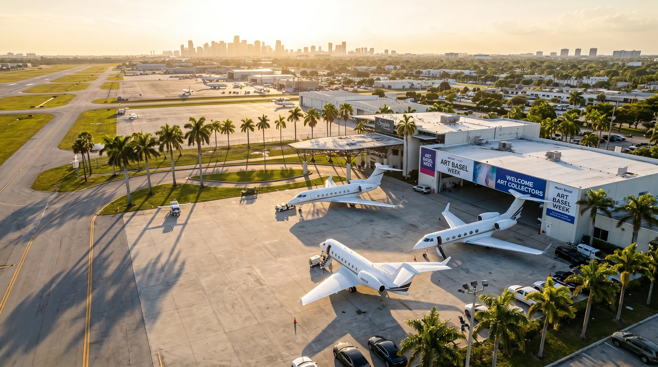 Row of private jets on ramp at Miami airport during Art Basel week with city skyline