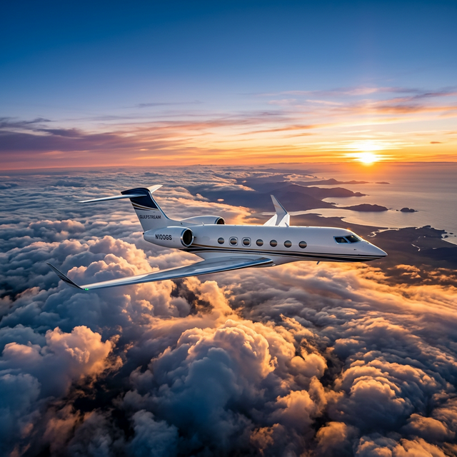 Private jet flying above clouds