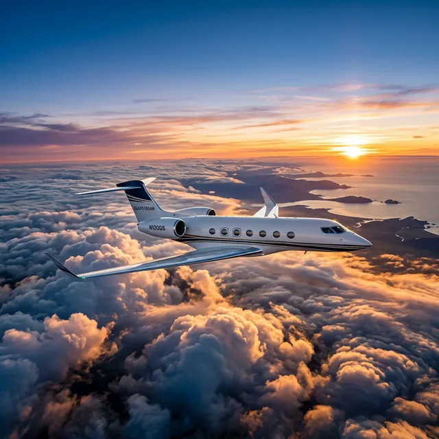 Private jet flying above clouds at golden hour