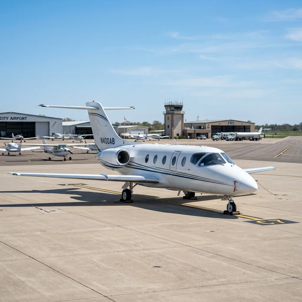 Beechjet 400A light jet on the ramp at a municipal airport