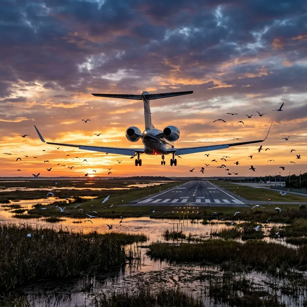 Business jet on approach over wetlands with birds visible near runway threshold