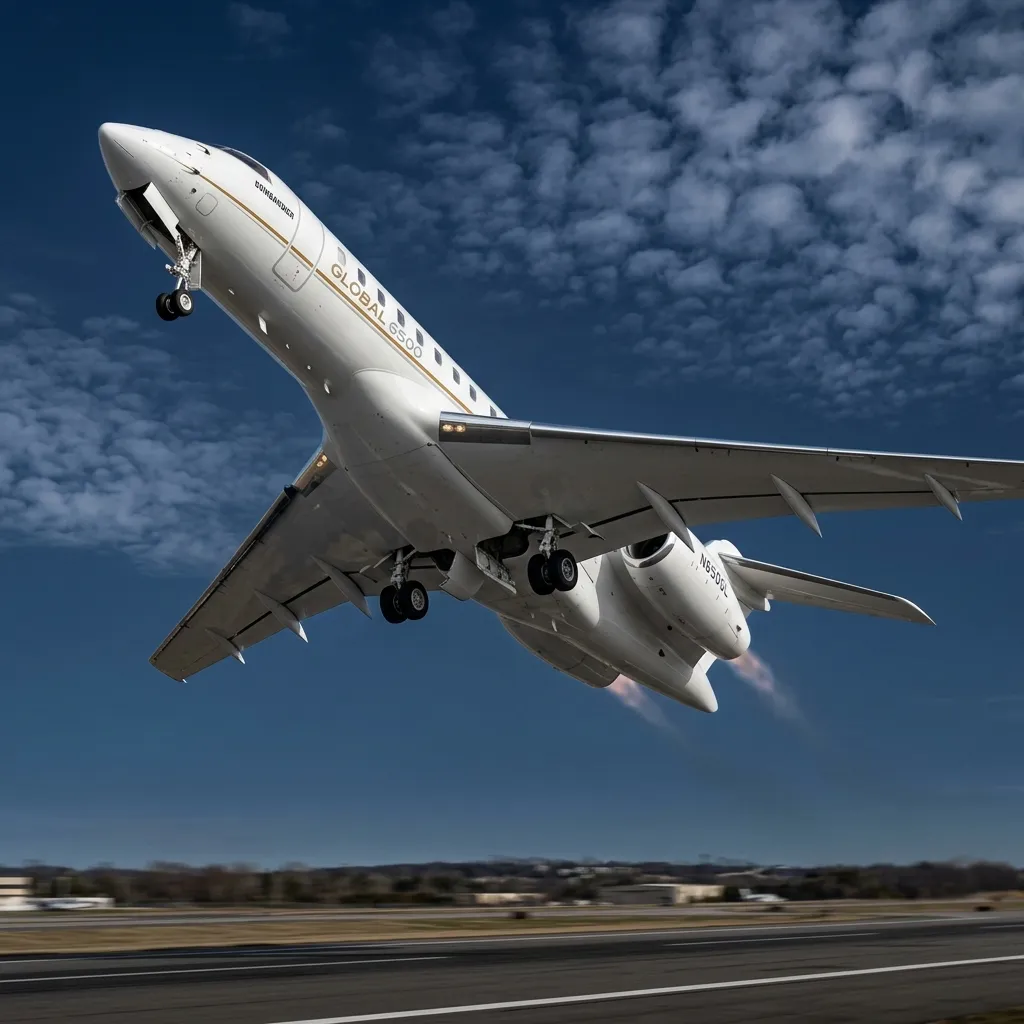 Bombardier Global 6500 ultra-long-range business jet on takeoff