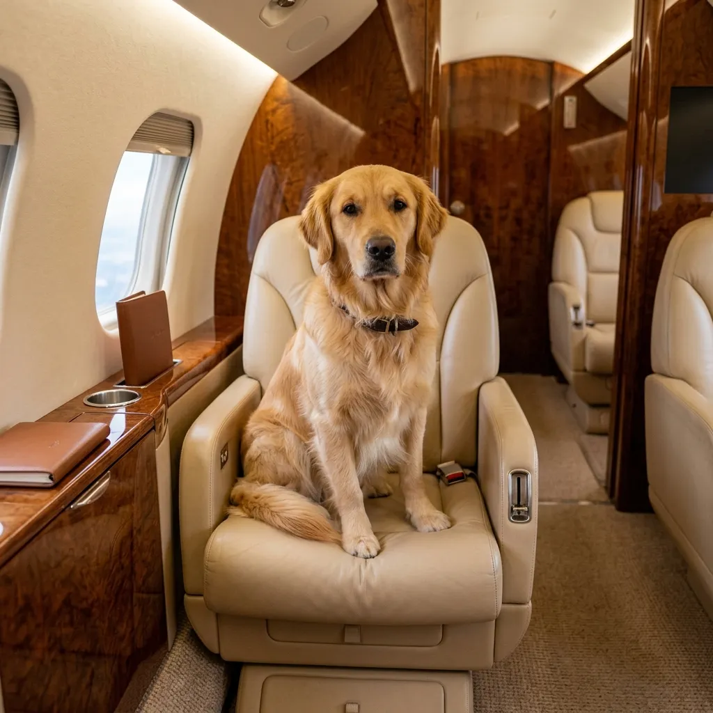 Golden retriever sitting in leather seat of a private jet cabin