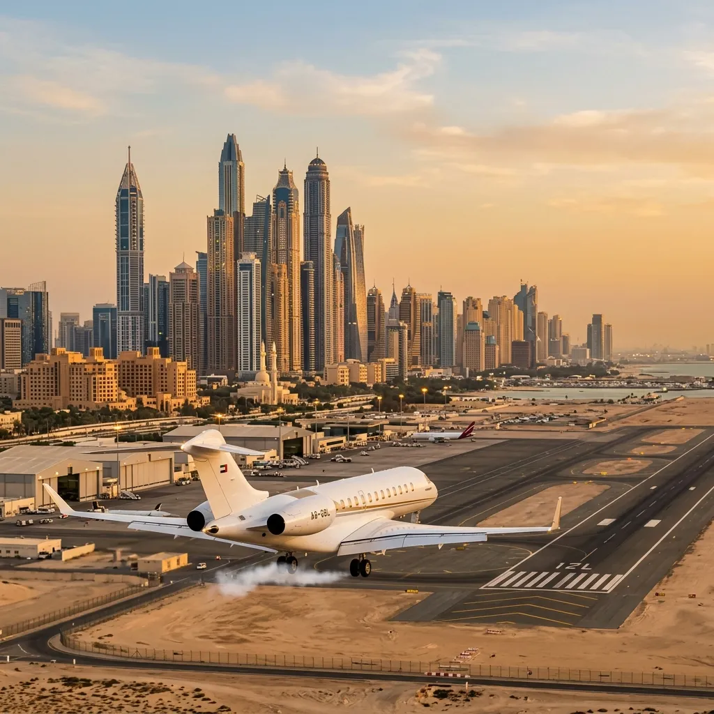 Modern Middle Eastern city skyline with a private jet on approach to land