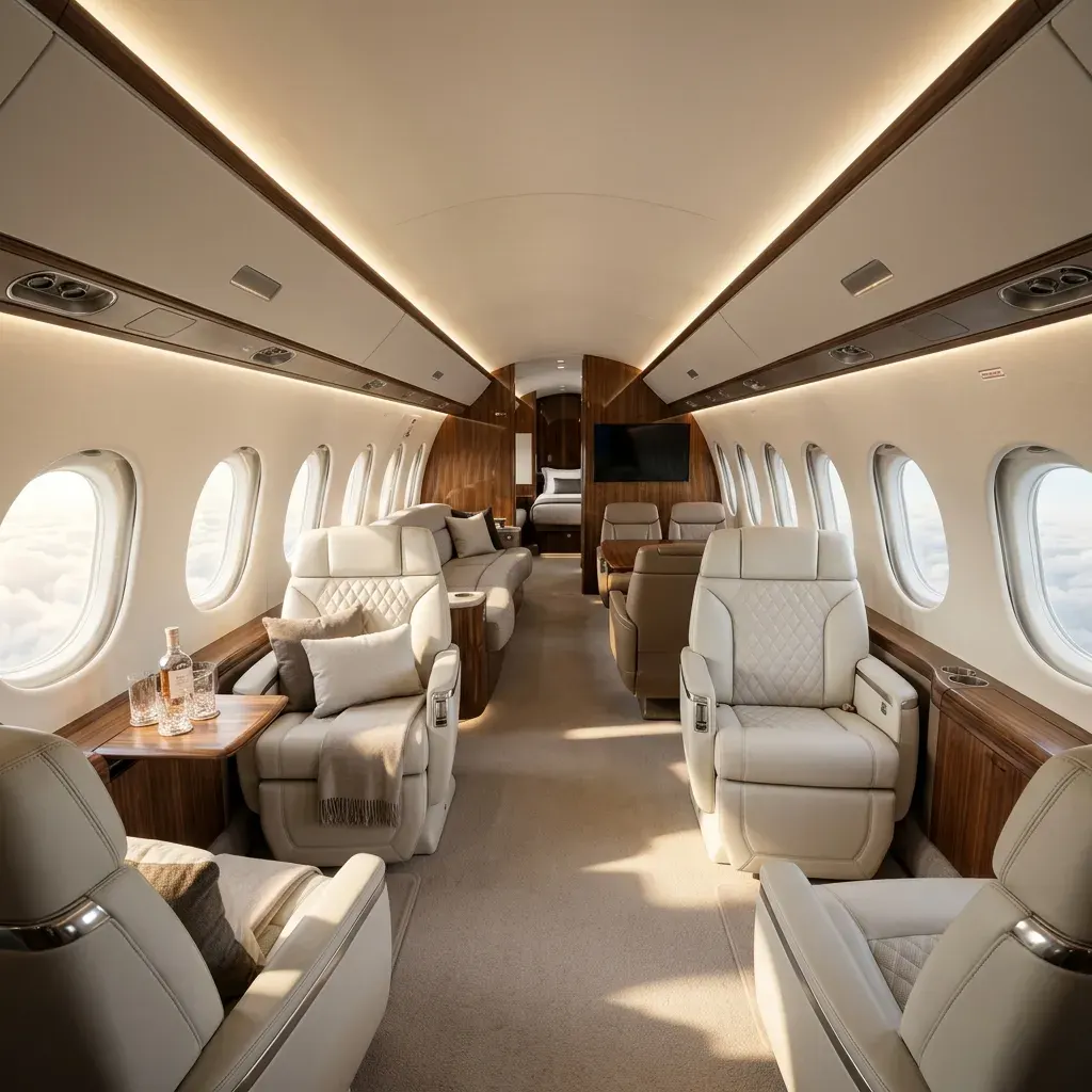 Ultra long range business jet interior with panoramic windows and contemporary cabin design
