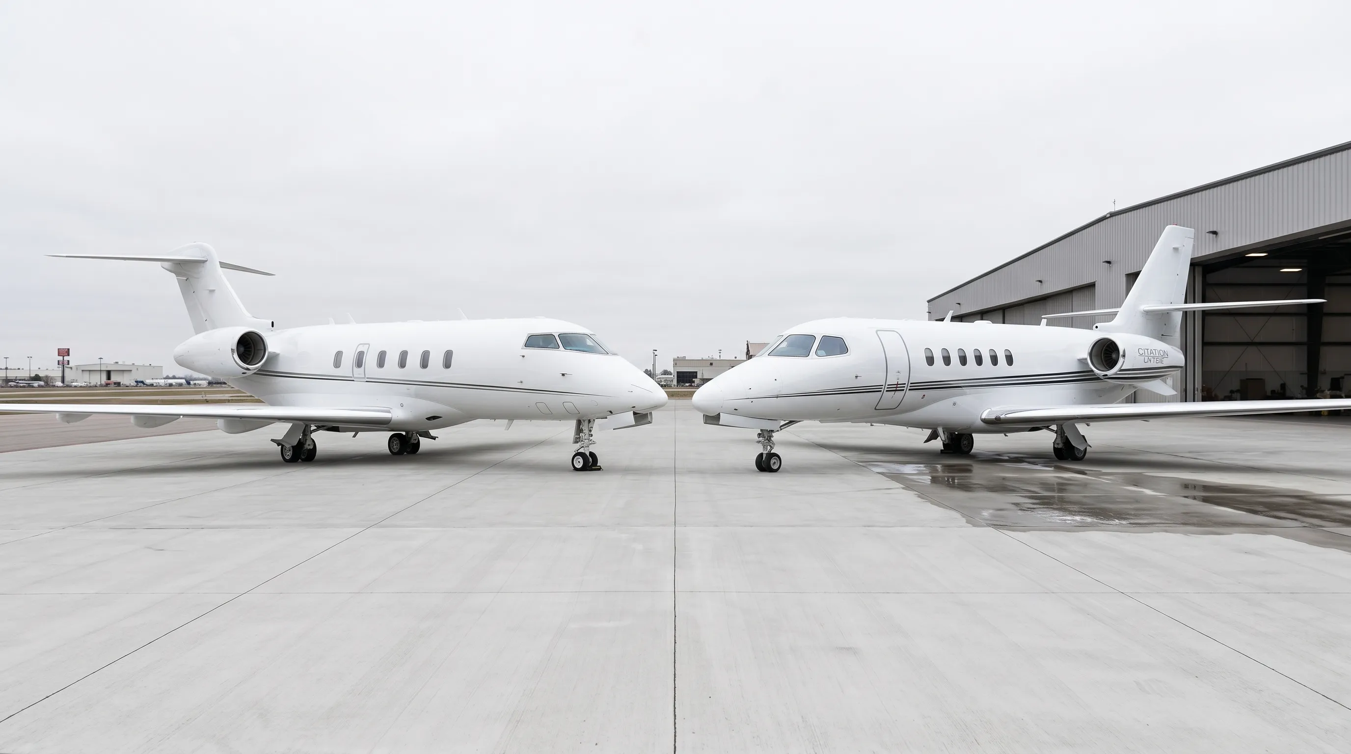 Two super-midsize private jets parked side by side on a corporate aviation ramp