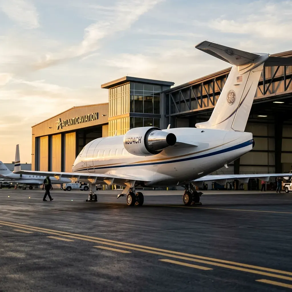 Bombardier Challenger 604 heavy jet on ramp at dusk