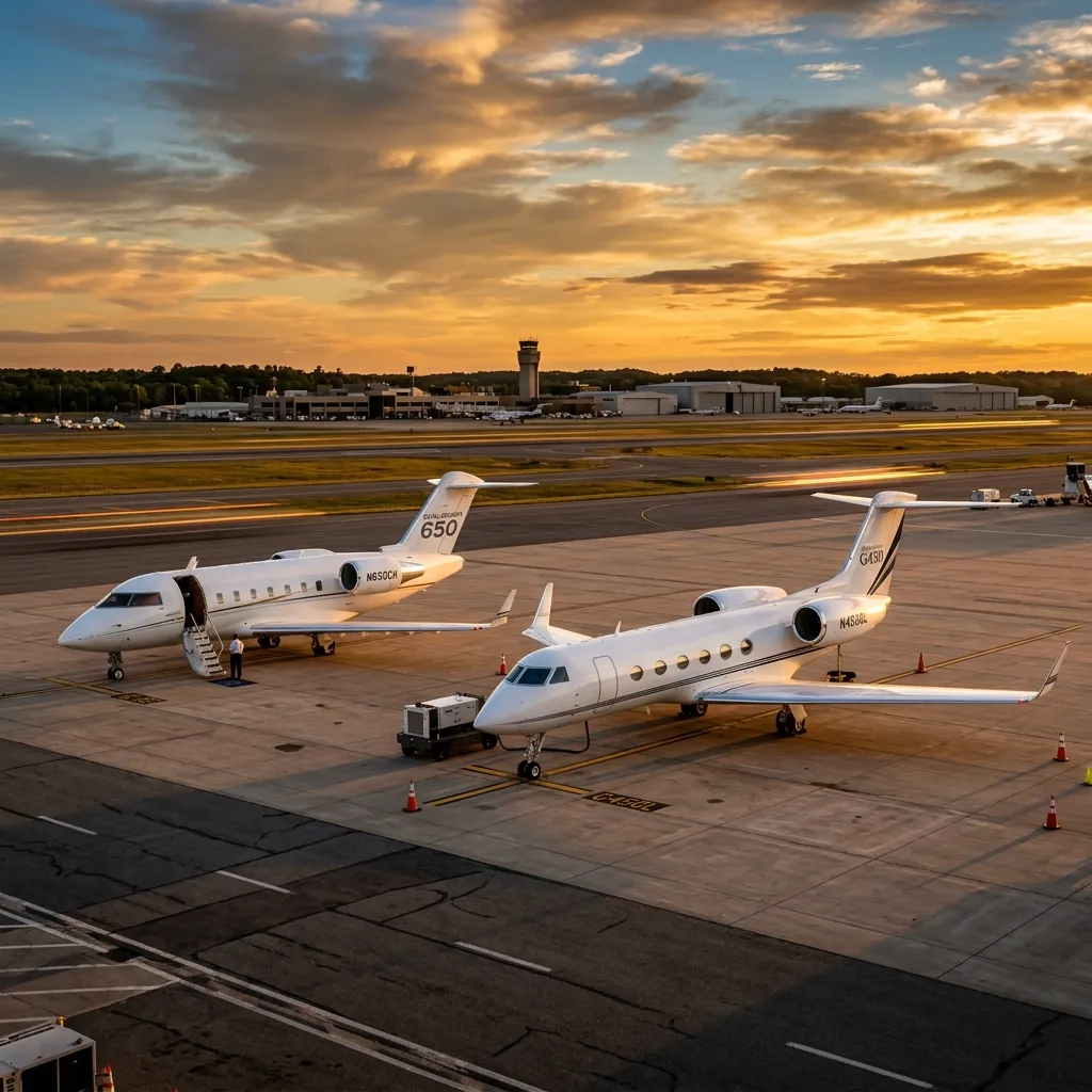 Bombardier Challenger 650 and Gulfstream G450 heavy jets side by side on ramp