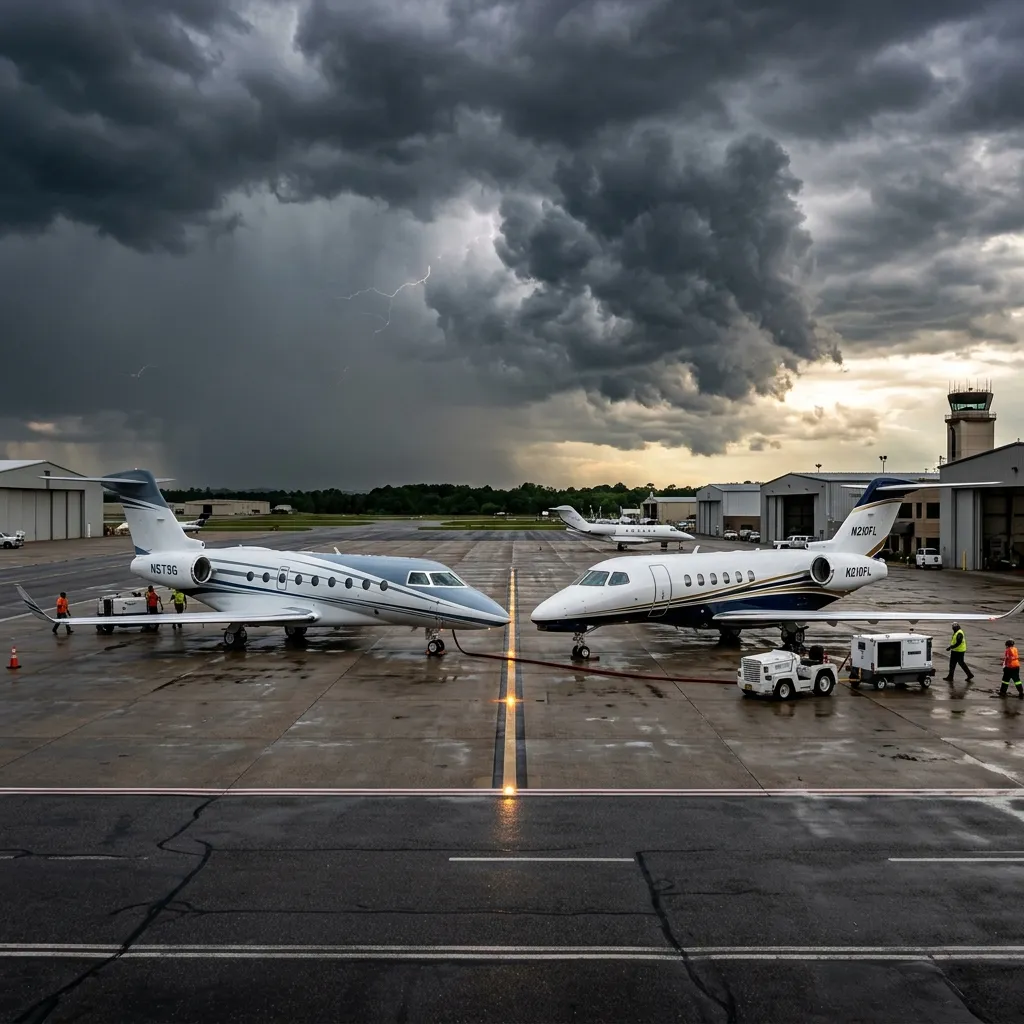 Two super-midsize business jets parked on an FBO ramp in dramatic lighting