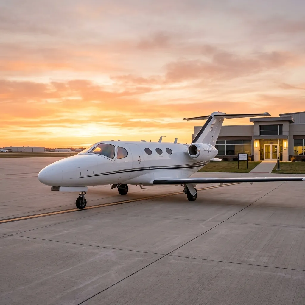 Cessna Citation Mustang very light jet parked on a clean FBO ramp at sunrise