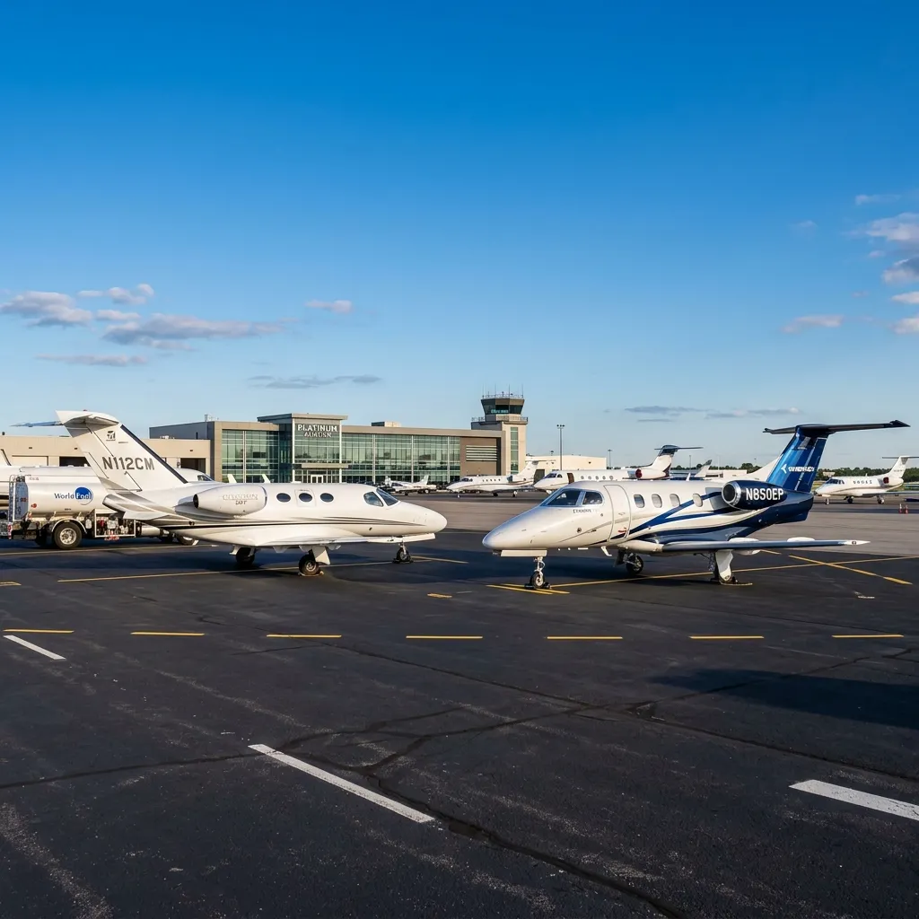 Citation Mustang and Embraer Phenom 100 very light jets parked side by side