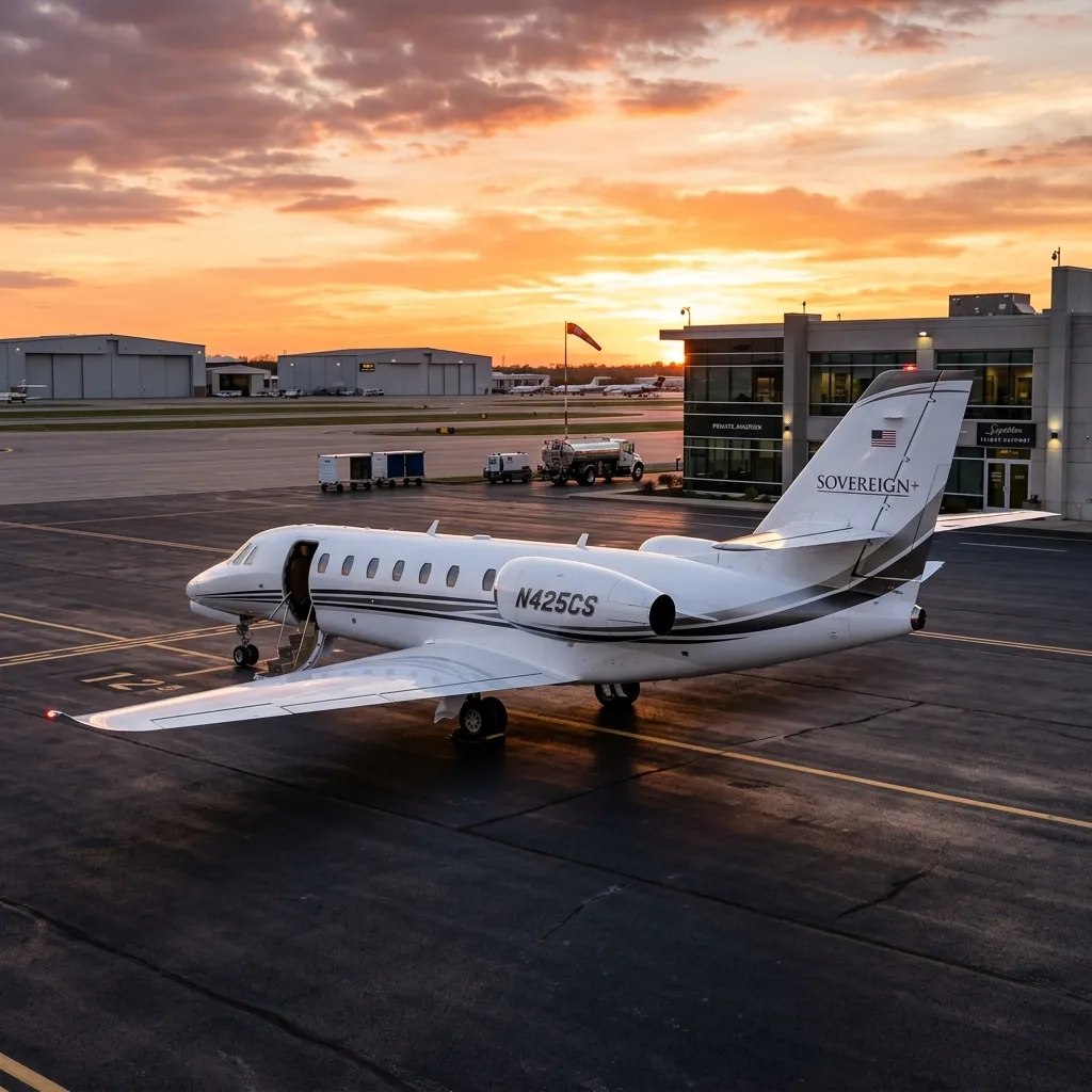 Cessna Citation Sovereign super-midsize jet parked on an FBO ramp at sunset