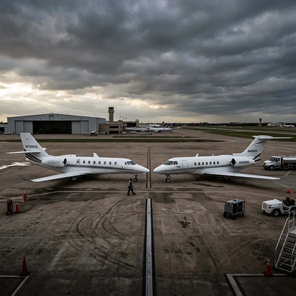Citation Sovereign and Hawker 4000 business jets side by side on airport ramp