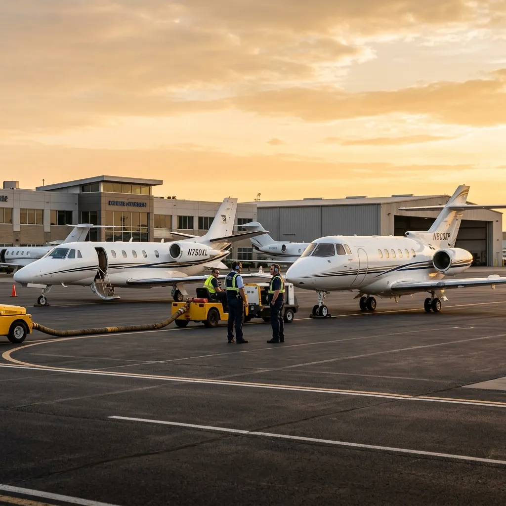 Citation XLS and Hawker 800XP parked side by side on a private jet ramp