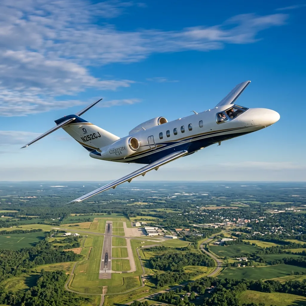 Cessna Citation CJ4 light jet climbing through clear skies above a sunlit runway