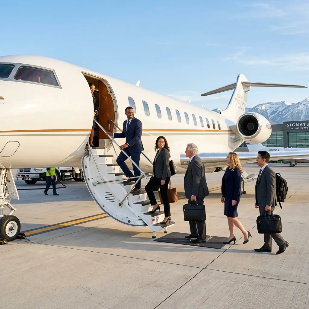 Executive team boarding a large-cabin private jet on a clear morning