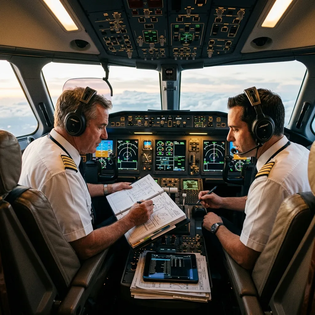 Two business jet pilots reviewing flight paperwork in cockpit before departure
