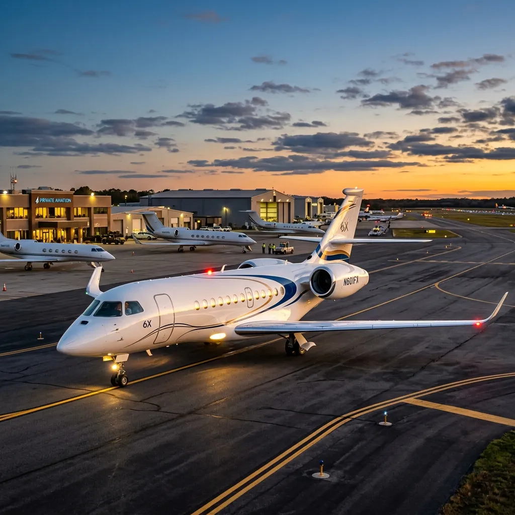 Dassault Falcon 6X wide-cabin business jet on the ramp at sunset