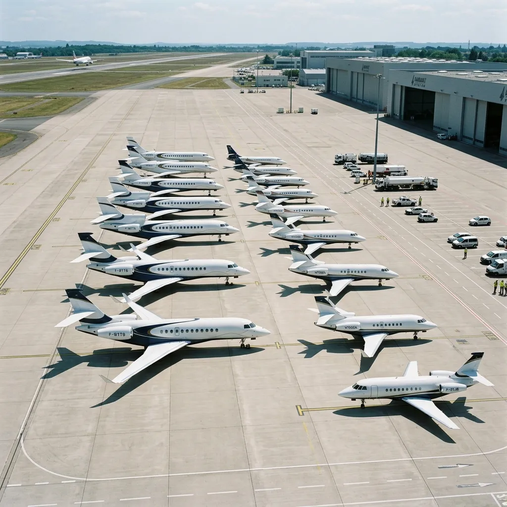 Fleet of Dassault Falcon business jets on an aviation ramp