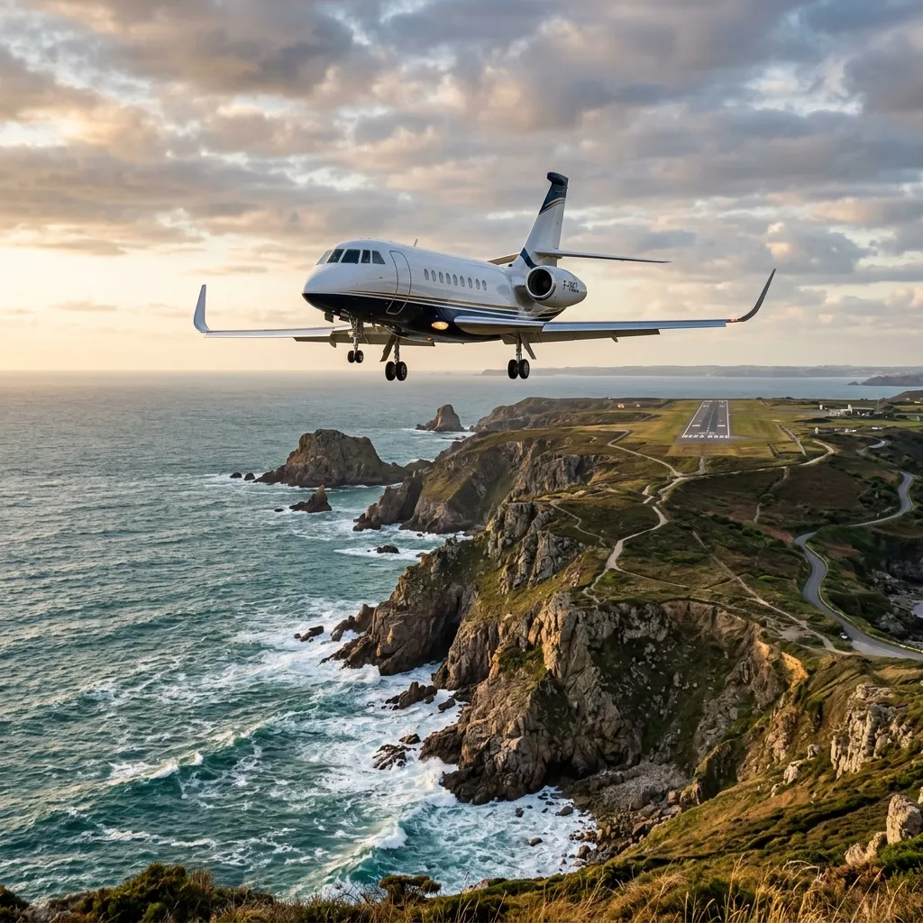 Dassault Falcon 2000 business jet on final approach over coastal terrain