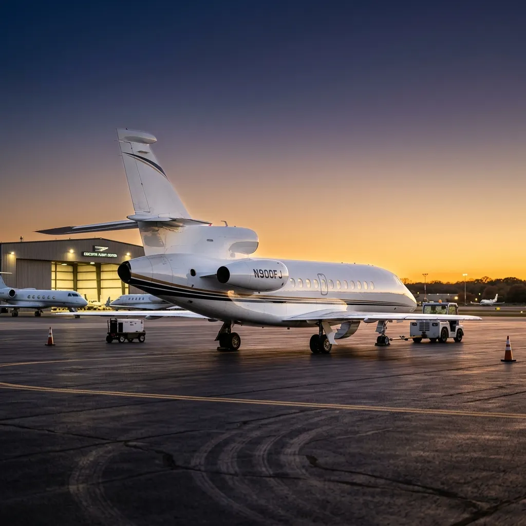 Dassault Falcon 900 parked on a private aviation ramp with ground equipment visible