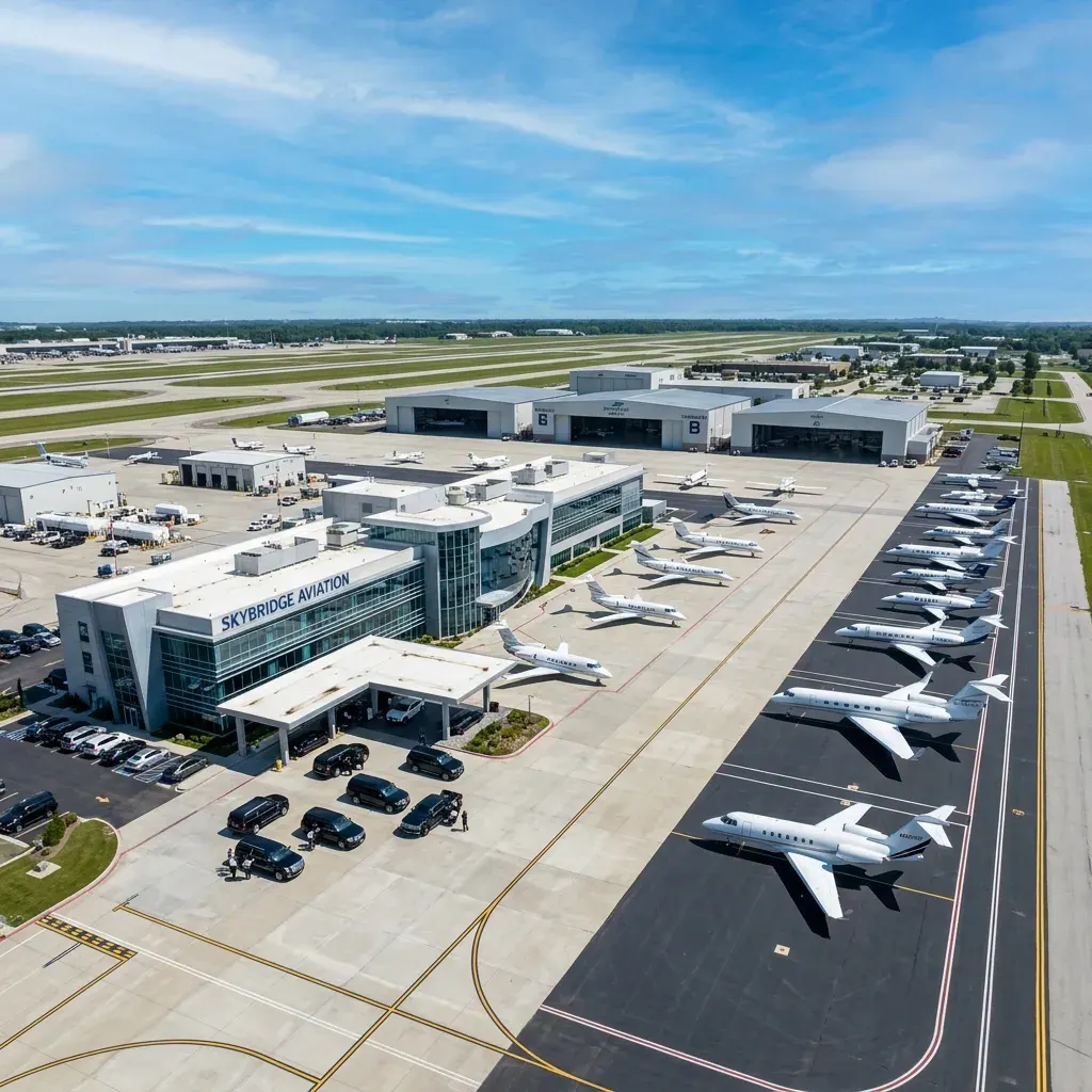 Aerial view of FBO terminal with multiple business jets parked on ramp