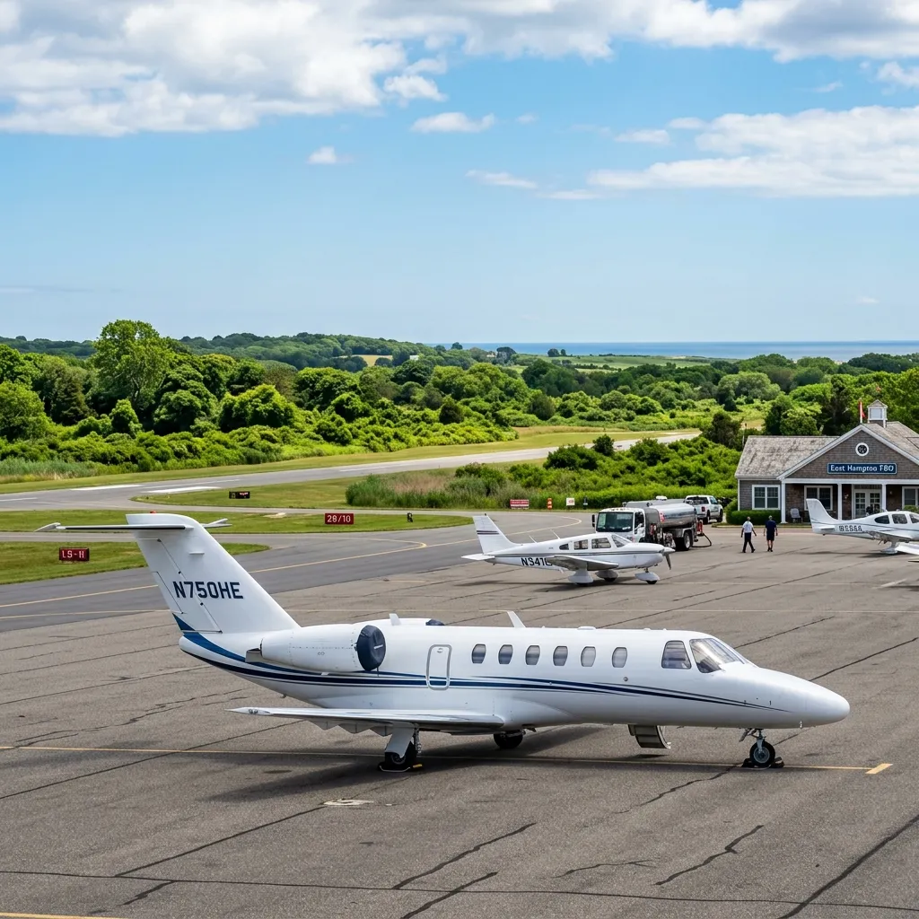 Small private jet on the ramp at East Hampton Airport with green summer landscape