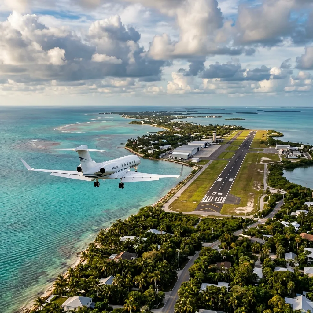 Private jet approaching Key West International Airport over turquoise water