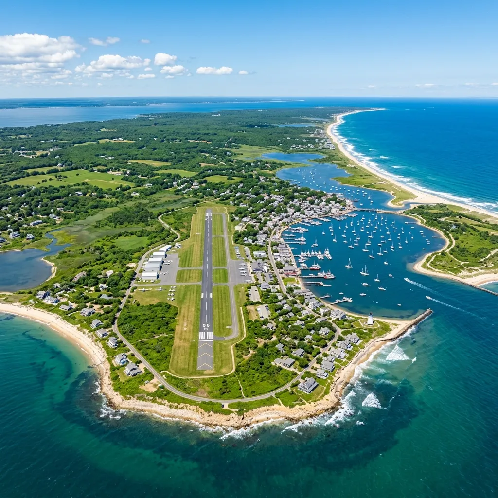 Aerial view of Martha's Vineyard coastline with small airport runway visible near the shore
