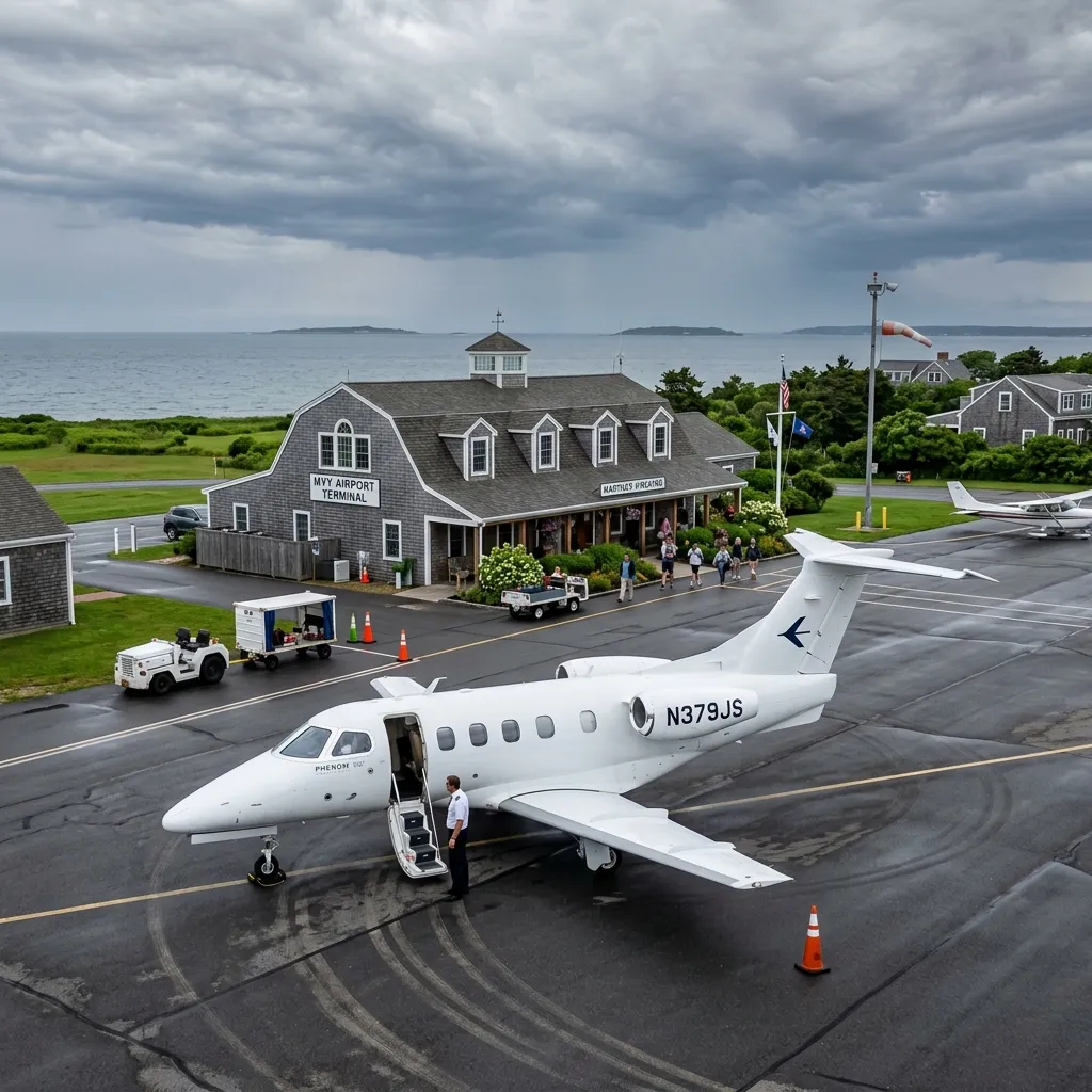 Small private jet on the Nantucket Memorial Airport ramp with gray shingled terminal building in the background