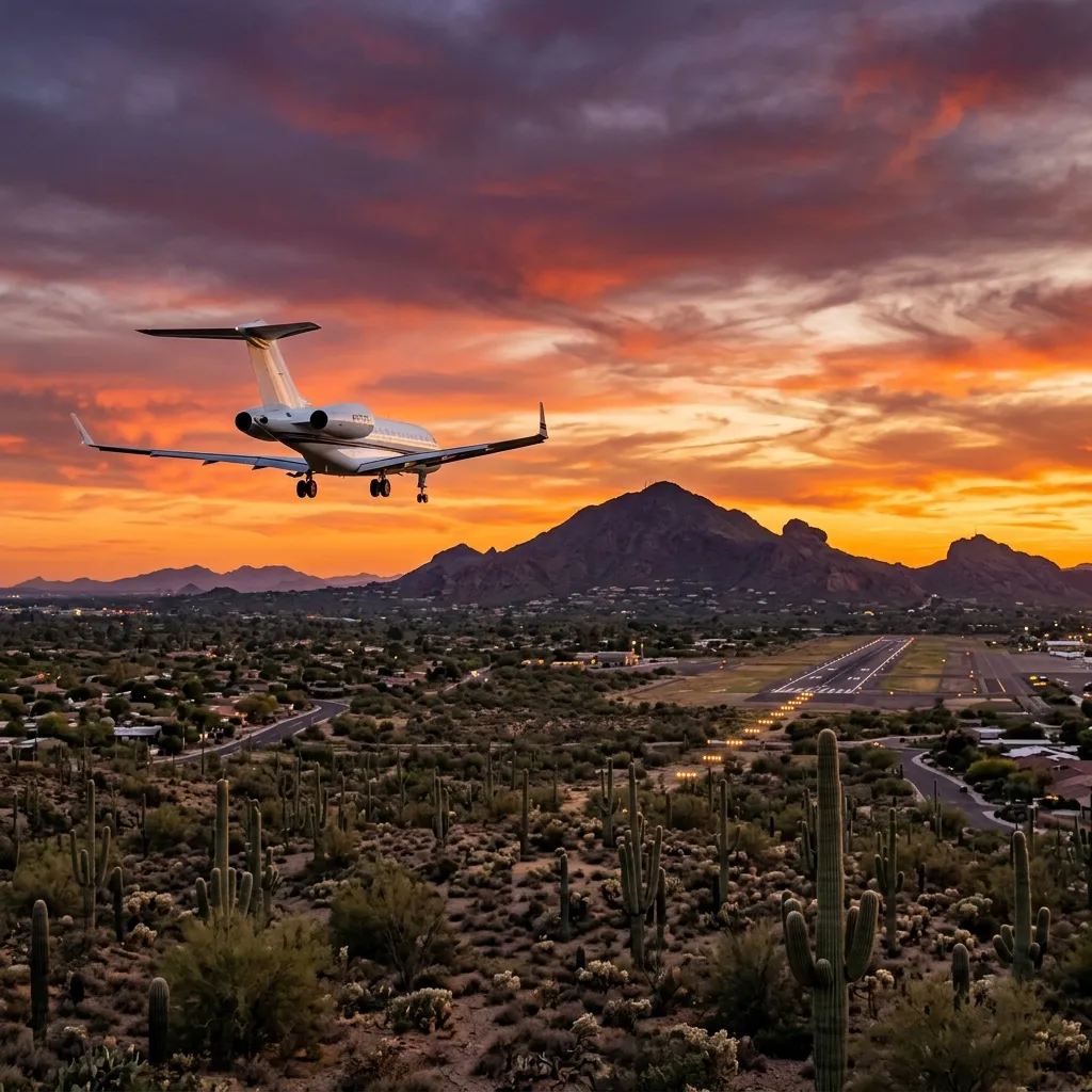 Private jet approaching Scottsdale Airport at sunset with Camelback Mountain in the background