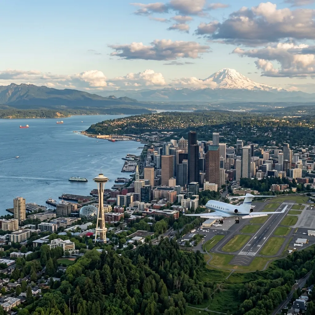 Aerial view of Seattle skyline with Puget Sound and a private jet on approach
