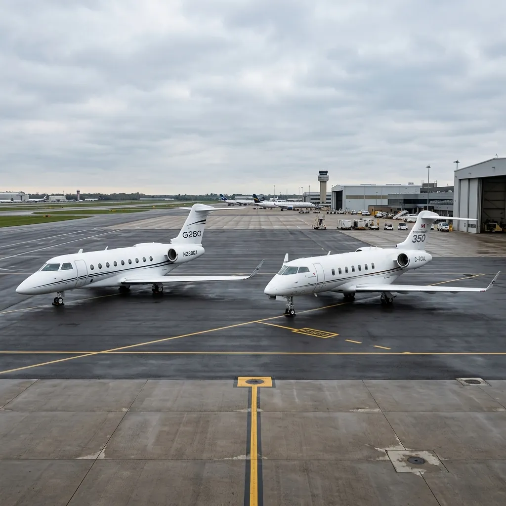 Gulfstream G280 and Bombardier Challenger 350 private jets on a shared ramp