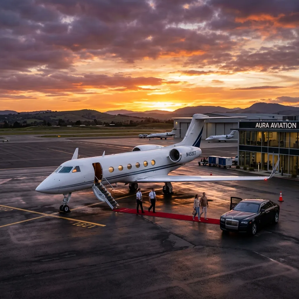 Gulfstream G450 parked on a private tarmac at sunset