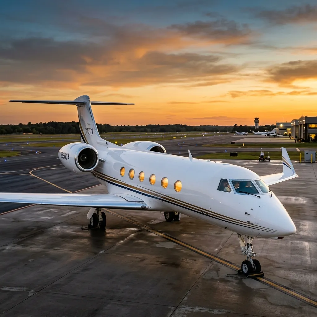 Gulfstream G550 heavy jet on a private ramp with dusk sky and taxiway lights