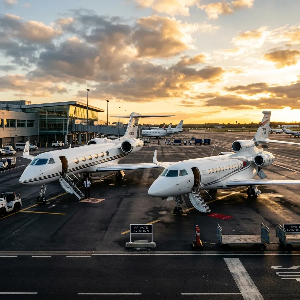 Gulfstream G550 and Dassault Falcon 7X parked on an international FBO ramp