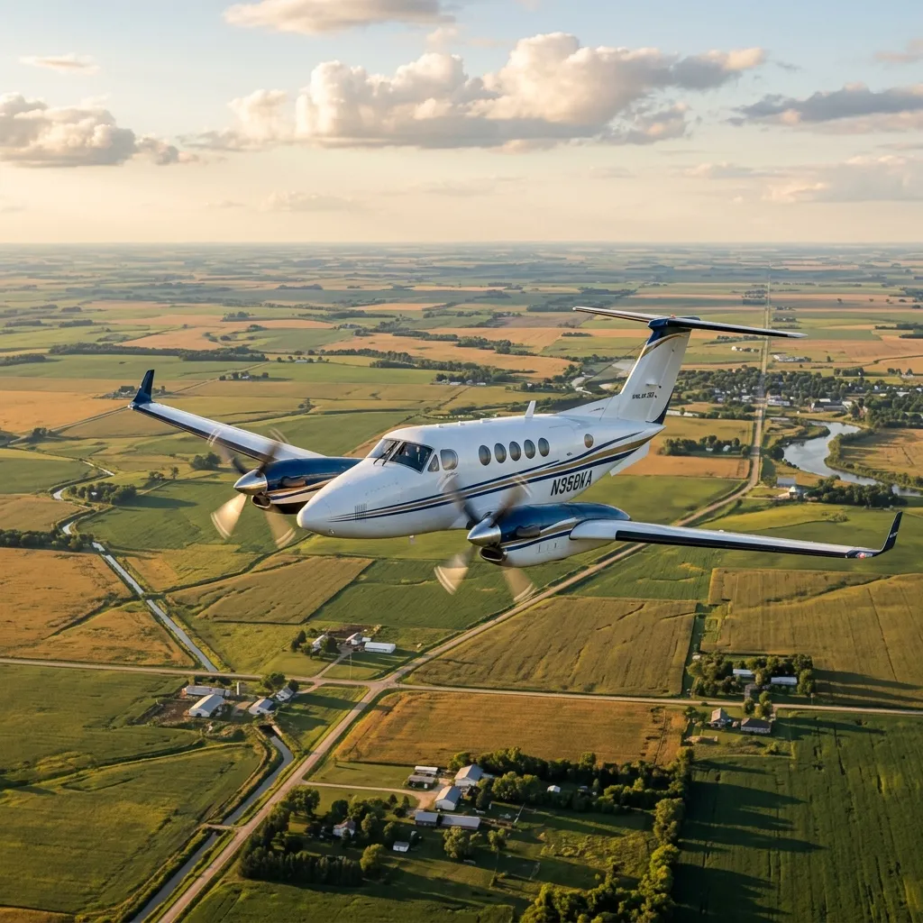 King Air 350 twin turboprop aircraft in flight over farmland
