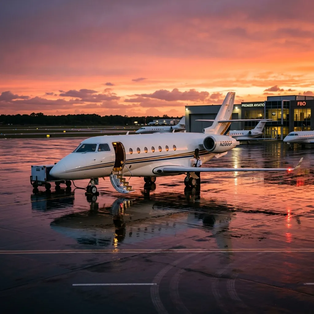 Gulfstream G200 super-midsize jet departing FBO ramp