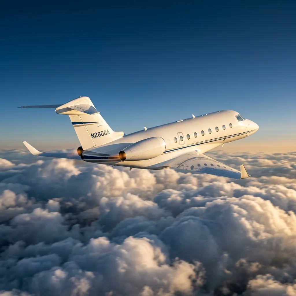 Gulfstream G280 super-midsize business jet in flight above clouds